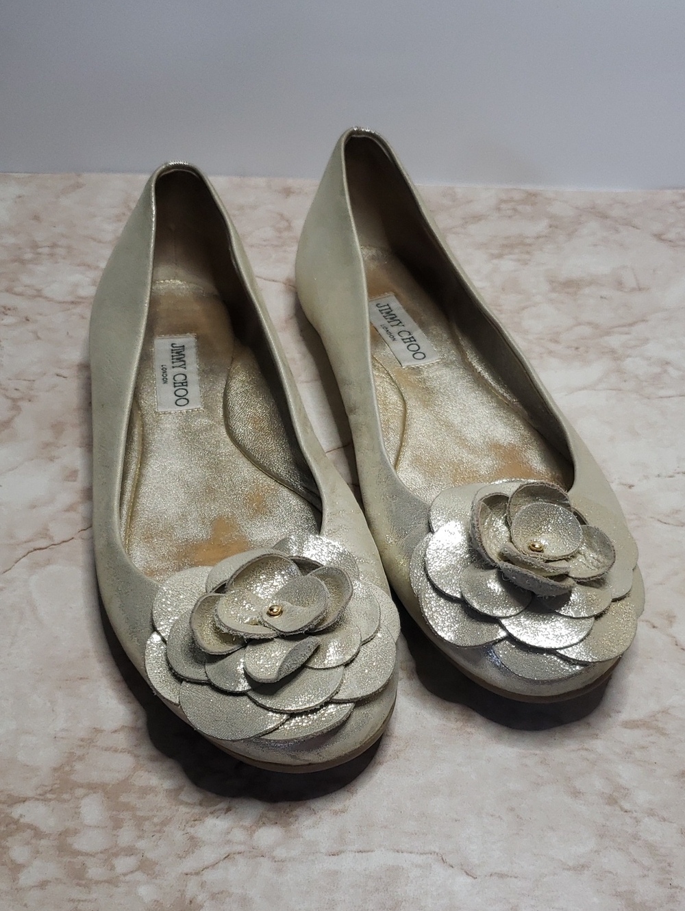 Jimmy Choo Metallic Cream/gold  Floral Leather Ballet Flats 42